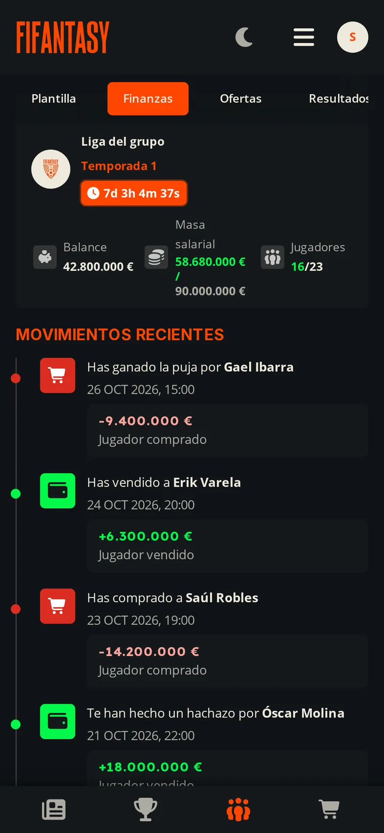 Pantalla de finanzas de FIFANTASY